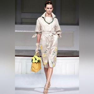 ♧$5,500 OSCAR DE LA RENTA EXQUISITE LINEN LEAF FLOWER EMBROID RUNWAY COAT US 12